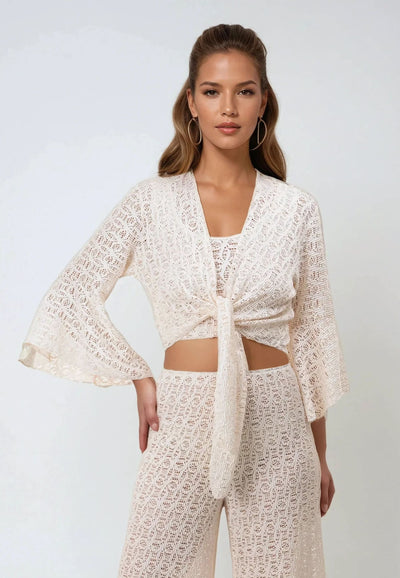 Tie Front Butterfly Sleeve Top - Lace